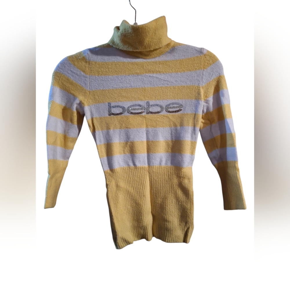 Bebe Xs Top Turtleneck Long Sleeve Yellow White Striped Soft Vintage Stretch